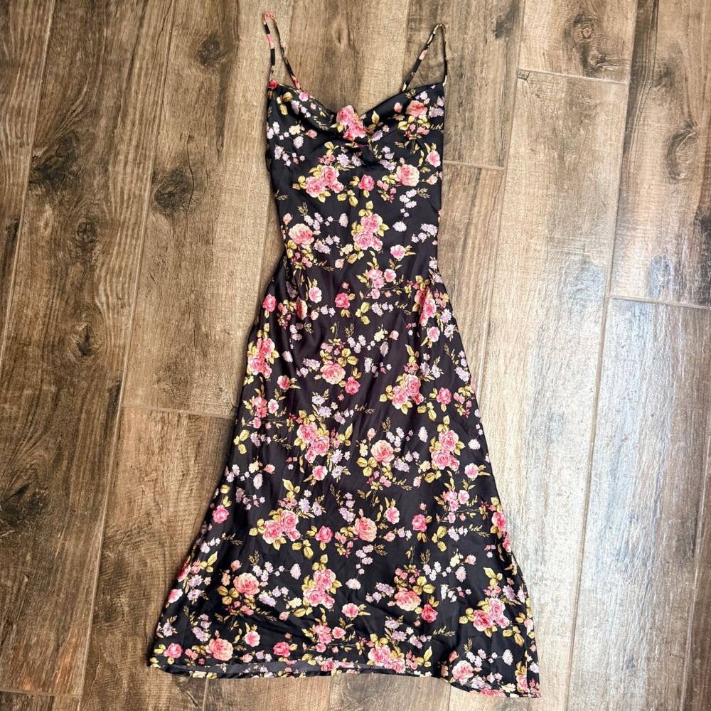 Baltic Born Womens Dark Floral Cowl Neck Midi Slip Dress, Black Pink, M (NWT)